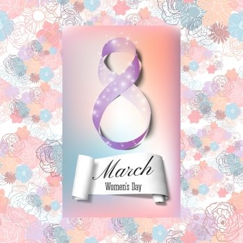 Greeting card for 8 March with banner and symbol of violet ribbon. International Women&#39;s Day. Floral vector design.