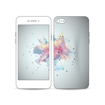 Mobile smartphone with an example of the screen and cover design isolated on white background. Molecular construction with connected lines and dots, scientific pattern on abstract colorful polygonal background, modern stylish triangle vector texture.