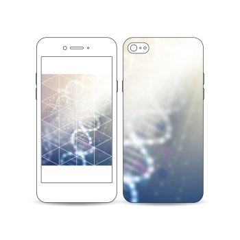 Mobile smartphone with an example of the screen and cover design isolated on white. DNA molecule structure. Science vector.. Mobile smartphone with an example of the screen and cover design isolated on white background. DNA molecule structure on a blue background. Science vector background.