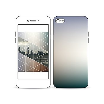 Mobile smartphone with an example of the screen and cover design isolated on white background. Abstract colorful polygonal backdrop with blurred image, modern stylish triangular vector texture.