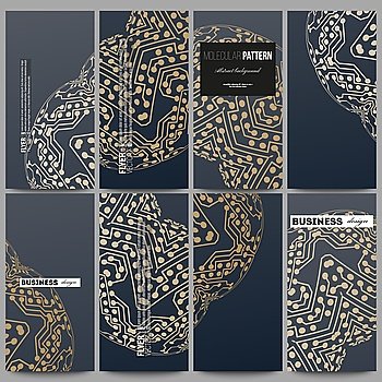 Set of modern vector flyers. Golden microchip pattern, abstract template with connecting dots and lines, connection structure. Digital scientific vector background