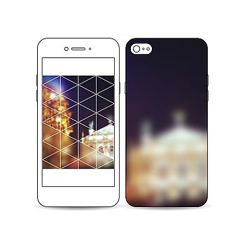 Mobile smartphone with an example of the screen and cover design isolated on white. Colorful polygonal background, blurred image, night city landscape, festive cityscape, triangular texture