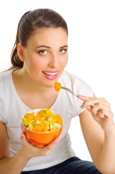 Girl eat fruit salad