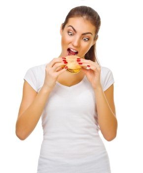 Young healthy woman with hamburger isolated