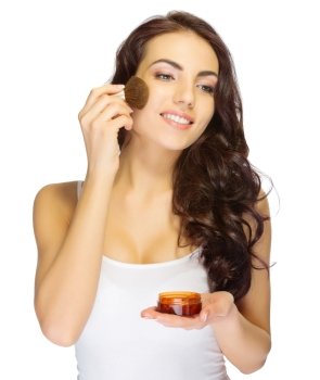 Young girl with makeup brush isolated