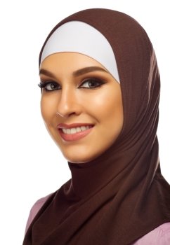 Muslim woman closeup isolated on white