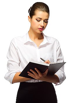 Young businesswoman with notebook isolated