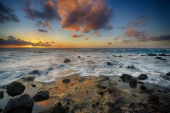 colorful sunrise from Sandy Beach, Oahu, Hawaii, USA