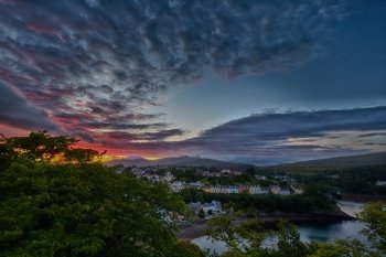 aerial view on Portree before sunset, Isle of Skye, Scotland
