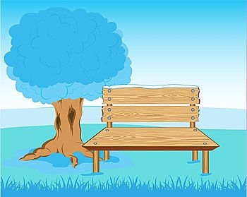 Vector illustration of the bench from tree in park in winter. Bench in park