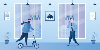 Hallway in office building. Business people in various poses. Businessman riding a scooter. Handsome male characters. Cartoon interior with furniture. Flat trendy vector illustration