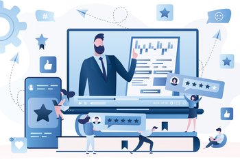 Big laptop with business blogger on screen and various people rate with stars and icons. Rank and rating scale, top-ranking concept on white background. Tiny humans characters with gadgets. Vector illustration