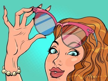 Shop for women jewelry and glasses. A hand with a manicure holds sunglasses and her face looks. Comic cartoon pop art retro vector illustration hand drawing. Shop for womens jewelry and glasses. A hand with a manicure holds sunglasses and her face looks.