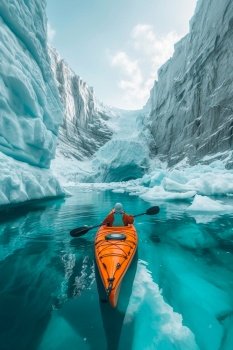 Man navigating a glacier into the sea with his Kayak