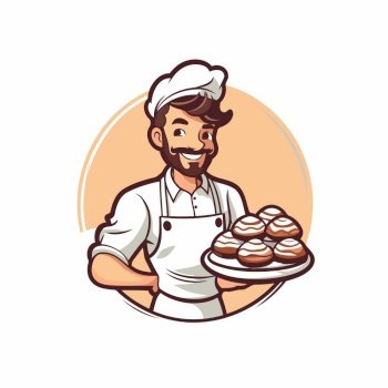 Chef holding tray of freshly baked buns. Vector illustration.