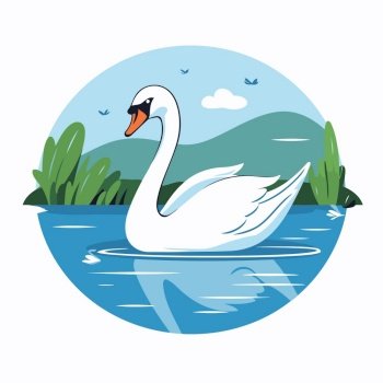 Swan swimming in the lake. Vector illustration in flat style.