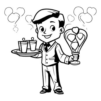 Cute waiter with a tray of food. vector cartoon illustration.