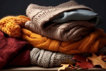 Clothes sweaters woolen autumn. Textile home. Generate Ai. Clothes sweaters woolen autumn. Generate Ai