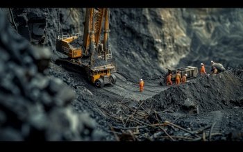 Workers in orange uniforms and heavy machinery at a dark, rocky mining site. Workers in orange uniforms and heavy machinery at a dark, rocky mining site.