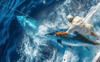 A fisherman in action, reeling in a large marlin from the deep blue ocean, showcasing the thrill of sport fishing. A fisherman in action, reeling in a large marlin from the deep blue ocean, showcasing the thrill of sport fishing.