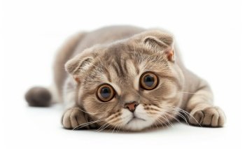 Adorable grey Scottish Fold kitten with big eyes, laying down and looking directly at the camera, isolated on white background. Adorable grey Scottish Fold kitten with big eyes, laying down and looking directly at the camera, isolated on white background.