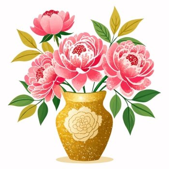 Women’s day vase watering can with peonies cartoon style watercolor illustration on white. Women’s day vase watering can with peonies cartoon style watercolor illustration on white background