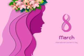 International Women’s Day or Mother’s Day concept with beautiful flowers and female face on paper art style,vector illustration