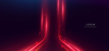 Abstract technology futuristic glowing neon red light lines with speed motion moving on dark blue background with lighting effect. Vector illustration