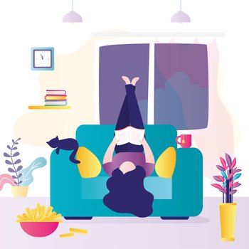 Young woman lies on an armchair upside down. Female character is reading book or textbook. Interior of room with furniture. Pastime, leisure, hobby. Trendy style vector illustration