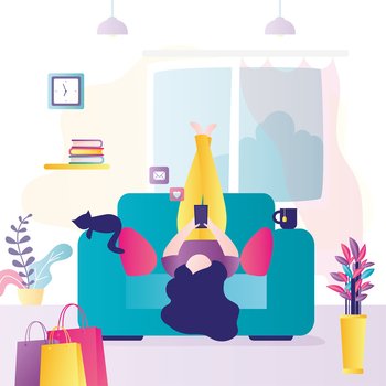 Young woman lies on an armchair upside down. Female character is use mobile phone. Interior of room with furniture. Pastime after shopping, rest leisure. Trendy style vector illustration