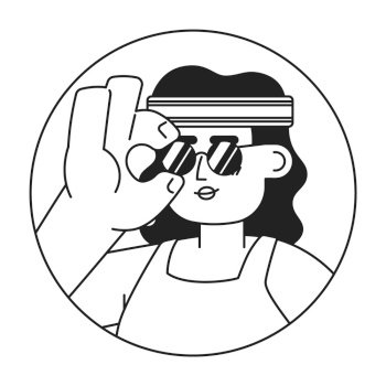 Athletic headband latina wearing sunglasses black and white 2D vector avatar illustration. Fashionable latinamerican outline cartoon character face isolated. Express yourself flat user profile image. Athletic headband latina wearing sunglasses black and white 2D vector avatar illustration