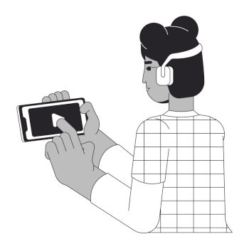 Headphones teenage girl pressing playing black and white 2D line cartoon character. Black woman listening podcast isolated vector outline person. Gen z leisure monochromatic flat spot illustration. Headphones teenage girl pressing playing black and white 2D line cartoon character