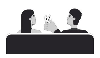 Arab couple watching tv black and white 2D line cartoon characters. Middle eastern beard man clicking remote control isolated vector outline people. Switch channel monochromatic flat spot illustration. Arab couple watching tv black and white 2D line cartoon characters