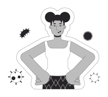 Black young woman protected from getting viruses black and white 2D line cartoon character. African-american happy isolated vector outline person. Immunity health monochromatic flat spot illustration. Black young woman protected from getting viruses black and white 2D line cartoon character