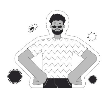 Black bearded man protected from infections black and white 2D line cartoon character. African-american happy isolated vector outline person. Immunity bacterias monochromatic flat spot illustration. Black bearded man protected from infections black and white 2D line cartoon character