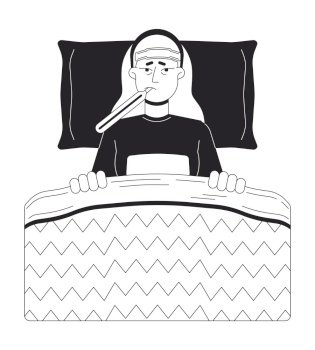 Flu sick blonde woman lying in bed black and white 2D line cartoon character. Tired caucasian girl with thermometer isolated vector outline person. Wrapped blanket monochromatic flat spot illustration. Flu sick blonde woman lying in bed black and white 2D line cartoon character