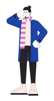 Disappointed caucasian man in winter outerwear 2D linear cartoon character. Displeased male wearing striped scarf isolated line vector person white background. Wintertime color flat spot illustration. Disappointed caucasian man in winter outerwear 2D linear cartoon character