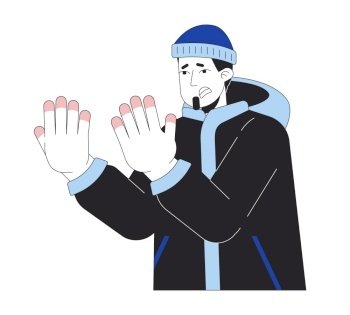 Suffering caucasian man with frostnip fingers 2D linear cartoon character. Winter clothes guy with cold hands isolated line vector person white background. Wintertime color flat spot illustration. Suffering caucasian man with frostnip fingers 2D linear cartoon character
