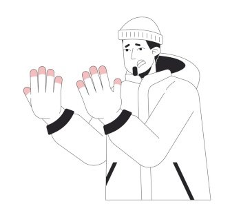 Suffering man with frostnip fingers black and white 2D line cartoon character. Winter clothes guy with cold hands isolated vector outline person. Wintertime monochromatic flat spot illustration. Suffering man with frostnip fingers black and white 2D line cartoon character