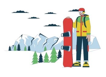 Snowboarder standing on ski resort line cartoon flat illustration. Middle eastern man snowboarding vacation 2D lineart character isolated on white background. Wintersport scene vector color image. Snowboarder standing on ski resort line cartoon flat illustration