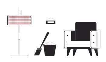 Being cozy in winter black and white 2D line cartoon objects set. Heater, salt sand mix, armchair, cream isolated vector outline items collection. Wintertime monochromatic flat spot illustrations. Being cozy in winter black and white 2D line cartoon objects set