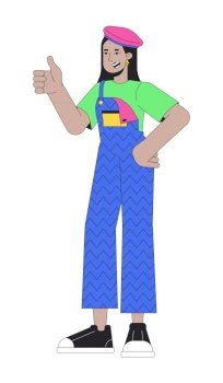 Middle eastern funky girl thumb up 2D linear cartoon character. Young adult woman wearing 80s retro clothes isolated line vector person white background. Nostalgia color flat spot illustration. Middle eastern funky girl thumb up 2D linear cartoon character