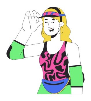 80s roller skater girl blonde 2D linear cartoon character. 90s workout outfit caucasian woman isolated line vector person white background. Wearing neon coloured clothing color flat spot illustration. 80s roller skater girl blonde 2D linear cartoon character