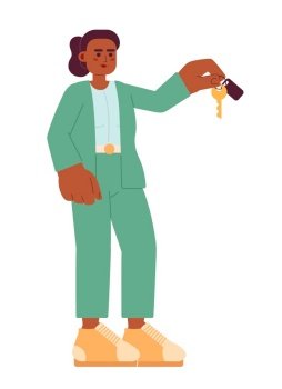 African american business woman suit giving key 2D cartoon character. Black female professional isolated vector person white background. Commercial property manager color flat spot illustration. African american business woman suit giving key 2D cartoon character