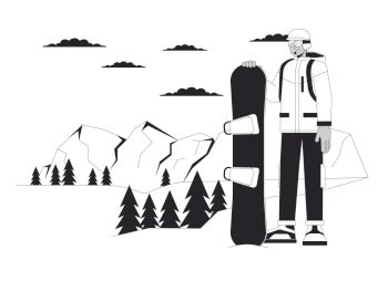 Snowboarder standing on ski resort black and white cartoon flat illustration. Middle eastern man snowboarding vacation 2D lineart character isolated. Wintersport monochrome scene vector outline image. Snowboarder standing on ski resort black and white cartoon flat illustration
