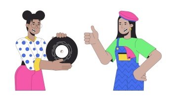 80s lovers female friends diverse 2D linear cartoon characters. Black girl eyeglasses, arab woman isolated line vector people white background. Record vinyl nostalgia color flat spot illustration. 80s lovers female friends diverse 2D linear cartoon characters
