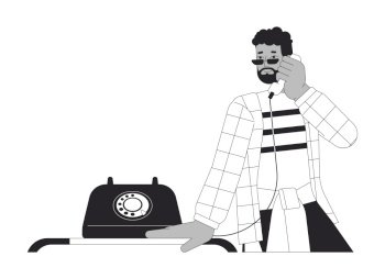 African american man holding telephone receiver black and white 2D line cartoon character. Retro phone conversation black guy isolated vector outline person. Monochromatic flat spot illustration. African american man holding telephone receiver black and white 2D line cartoon character