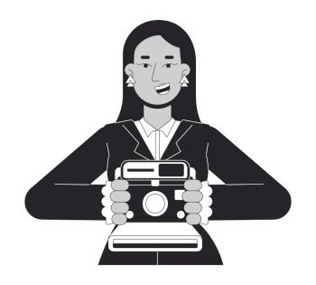 Smiling arab female holding instant camera black and white 2D line cartoon character. Middle eastern girl picture taking isolated vector outline person. Nostalgia monochromatic flat spot illustration. Smiling arab female holding instant camera black and white 2D line cartoon character