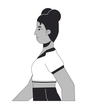 Old fashioned retro black woman black and white 2D line cartoon character. Side view african american female isolated vector outline person. Nostalgia clothes monochromatic flat spot illustration. Old fashioned retro black woman black and white 2D line cartoon character