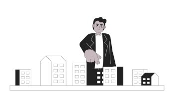 African american young adult man pointing condo black and white 2D cartoon character. Casual business black guy isolated vector outline person. Male choosing house monochromatic flat spot illustration. African american young adult man pointing condo black and white 2D cartoon character